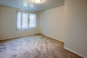 Empty room featuring light carpet and baseboards