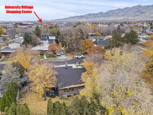 Aerial view of residential area with a mountain backdrop