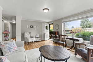 Living room with light wood-type flooring, a textured ceiling, and crown molding