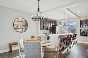 Kitchen featuring decorative backsplash, a kitchen island with sink, dark wood finished floors, beam ceiling, and appliances with stainless steel finishes