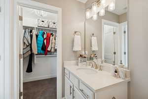 Bathroom featuring vanity, a walk in closet, and dark colored carpet