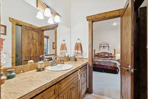 Ensuite bathroom with vanity and light carpet