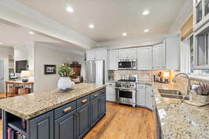 Kitchen featuring ornamental molding, light stone counters, light wood-type flooring, high end appliances, and decorative backsplash