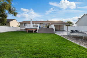 Back of property with a patio, a wooden deck, a fenced backyard, and french doors