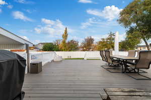 Deck with grilling area, a fenced backyard, and outdoor dining space