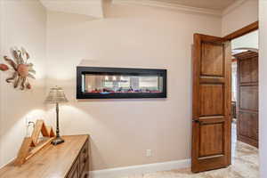 View of custom see-through fireplace in home office/study.