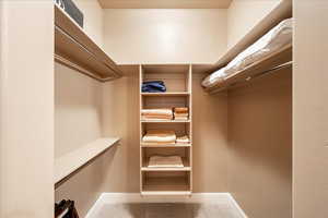 Spacious Guest bedroom closet featuring light colored carpet
