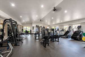 Club House Workout area with recessed lighting, lofted ceiling, and a ceiling fan