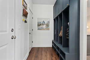 Mudroom with dark wood-type flooring and baseboards