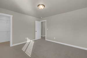 Unfurnished bedroom featuring carpet and a spacious closet