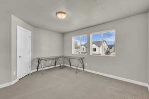 Unfurnished bedroom featuring carpet and a textured ceiling