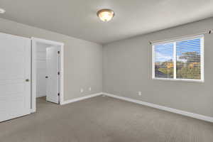 Unfurnished bedroom featuring carpet and a spacious closet