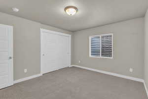 Unfurnished bedroom featuring carpet, a closet, and a textured ceiling