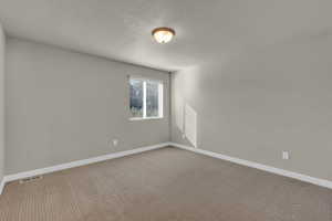 Carpeted spare room with baseboards and a textured ceiling