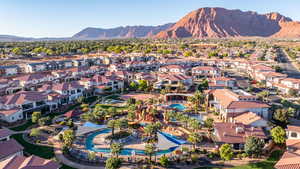 Aerial perspective of suburban area with mountains