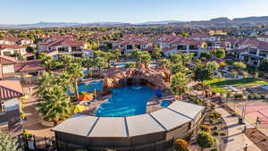 Aerial view of residential area with mountains