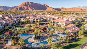 Aerial view of residential area with mountains