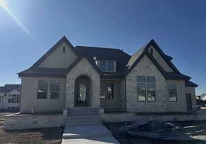 View of front facade with stone siding