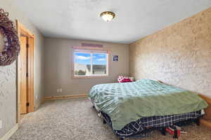 Carpeted bedroom featuring a textured wall and a textured ceiling
