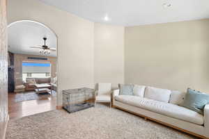 Living room featuring a textured ceiling, carpet flooring, and a ceiling fan