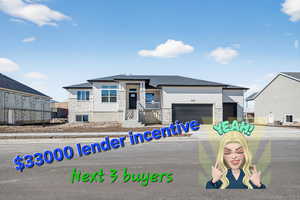 Prairie-style house featuring stone siding and a shingled roof