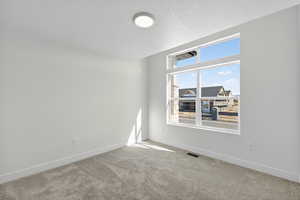 Unfurnished room featuring carpet floors and a textured ceiling
