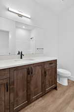 Full bath with vanity, light wood-type flooring, and a shower