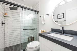 Full bathroom featuring vanity and a shower stall