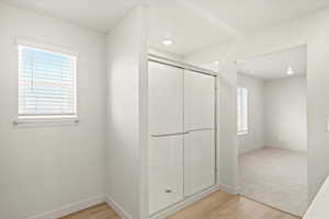 Full bathroom featuring a stall shower and light wood finished floors