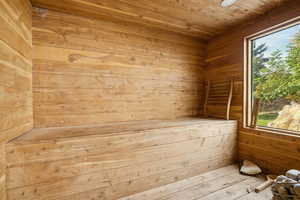Sauna / steam room featuring wooden ceiling and wooden walls
