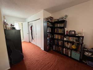 Sitting room featuring carpet floors and a textured ceiling