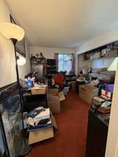 Home office with dark colored carpet and a textured ceiling