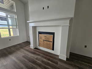 Detailed view of a fireplace and wood finished floors
