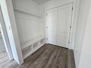 Mudroom with dark wood-type flooring