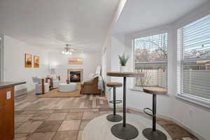 Living room featuring a tiled fireplace and ceiling fan