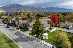 Aerial view of residential area with mountains