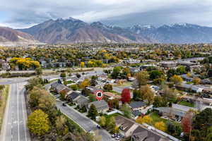 Aerial view of residential area with a mountain backdrop