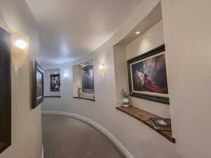 Hallway featuring carpet and a textured ceiling