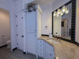 Bathroom with vanity and dark wood finished floors