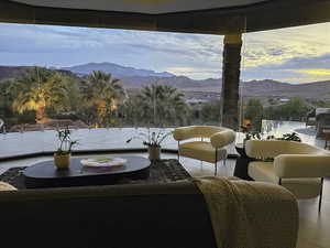 Building lobby with a mountain view