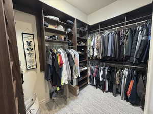 Spacious closet with light carpet