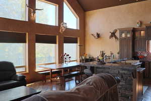 Living area featuring dark wood-style floors and a towering ceiling
