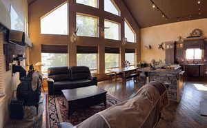 Living room with dark wood-style flooring, high vaulted ceiling, and track lighting
