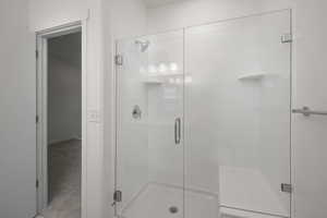 Bathroom with a shower stall and carpet flooring