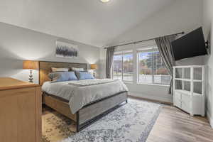 Bedroom with lofted ceiling and light wood-style flooring