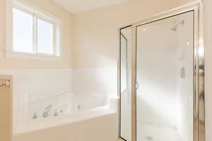 Bathroom with a jetted tub and a shower stall