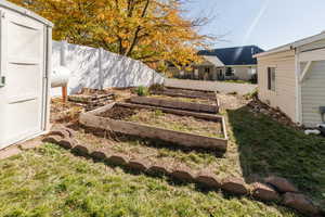 Fenced backyard featuring a garden