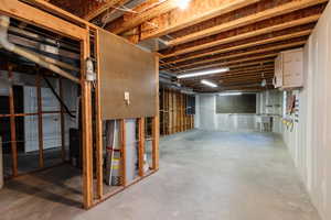 Unfinished below grade area with gas water heater and electric panel