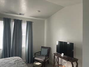 Bedroom featuring dark carpet and multiple windows
