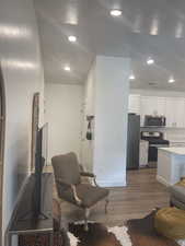 Living room featuring dark wood-type flooring and recessed lighting